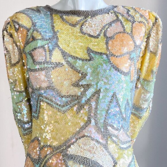 Vintage Oleg Cassini Black Tie PAstel Colours Fully Beaded Sequin Top S - Picture 3 of 10